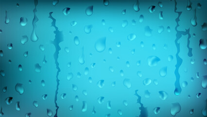 Close-up of glistening water droplets on a teal background, creating a fresh atmosphere.