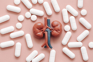 Kidneys model surrounded by white pills. Human urinary system organ concept. Renal health and...