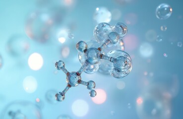 Clear molecule structure with interconnected spheres floats in blue liquid. Bubbles and light bokeh surround atom model. Scientific research concept for new bio-tech.