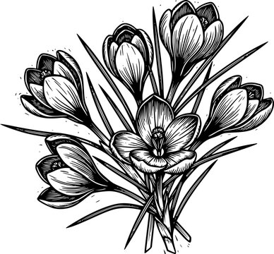 Black and white crocus flowers illustration in a decorative linocut style, showing a beautiful spring floral arrangement with delicate petals and leaves for a nature-themed design