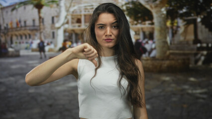 Fototapeta premium Woman stands with bare hand raised showing thumb down gesture on sunlit busy urban street; disapproval.