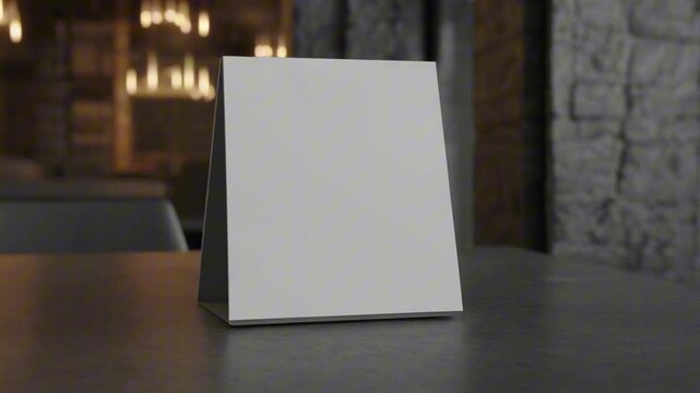 A video mockup of a blank table tent on a dark wooden table in a dimly lit restaurant. This realistic 3D animation with bokeh is perfect for menu or special offer promotions.
