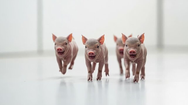 Cute pigs run quickly in a barn during the day in a fun play session with friends