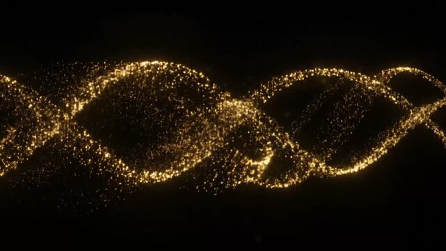 Golden particles swirling in a DNA-like helix pattern on a black background, viewed from a close-up perspective, as seen in Video (100).mp4