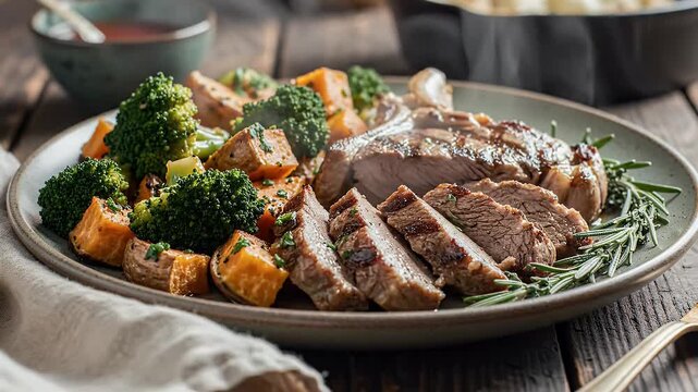Close up of a prepared meal featuring sliced meat vegetables and herbs