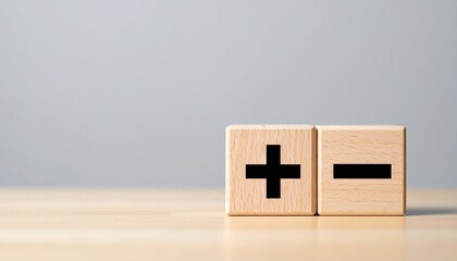 Wooden Blocks Showing Plus And Minus Symbols On Neutral Background