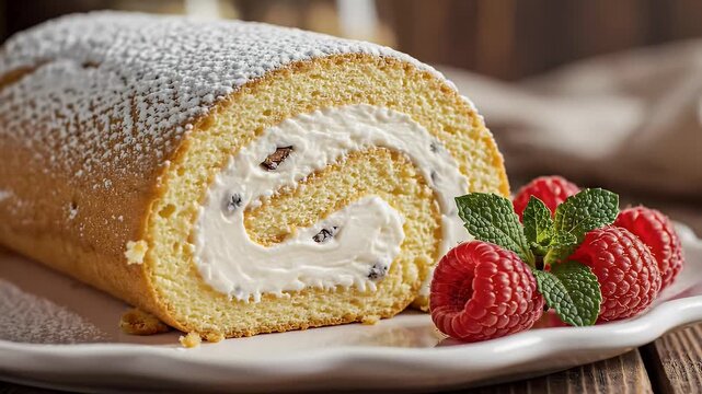 Close up of a swiss roll cake with raspberries on a plate