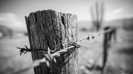 Rusted Barbed Wire Fence Post Weathered Wooden Fencepost