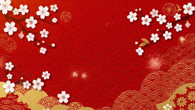Celebratory red background with golden patterns and white cherry blossoms, symbolizing culture and festivity with Video (111).mp4