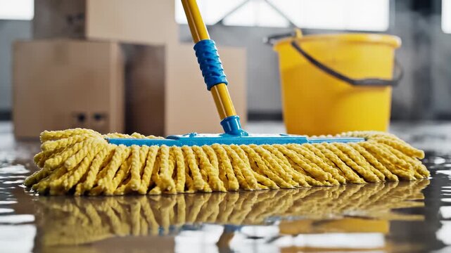 Yellow mop and bucket on a wet reflective floor with water splashes and cardboard boxes