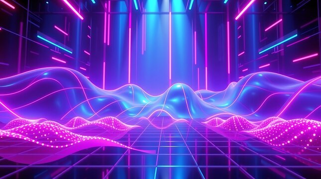Vibrant 3D Cyber Space Wave Grid with Dynamic Futuristic Lighting