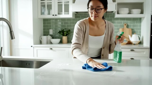 Asian woman in eyeglasses spraying and wiping kitchen counter with cloth in modern home kitchen