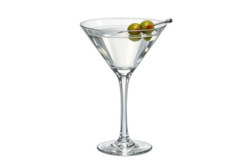 Obraz premium Martini cocktail with green olives on a toothpick in a transparent glass, representing celebration and sophisticated drinks