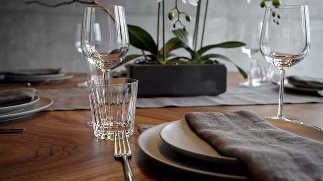 Elegant dining table setting with floral arrangement and modern interior design