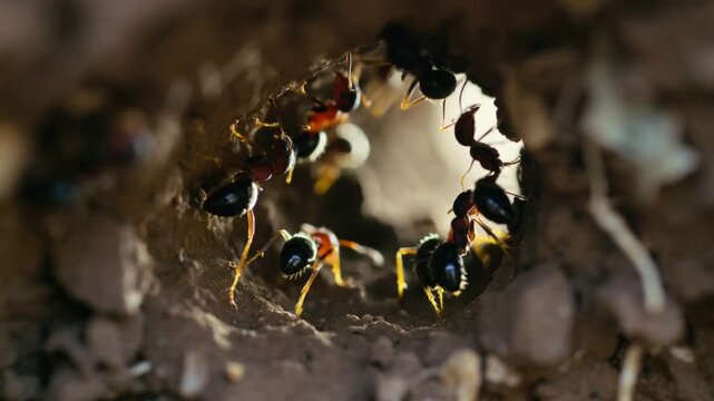 Fourmili&egrave;re ouverte r&eacute;v&eacute;lant des fourmis et leurs larves au c&oelig;ur de la terre