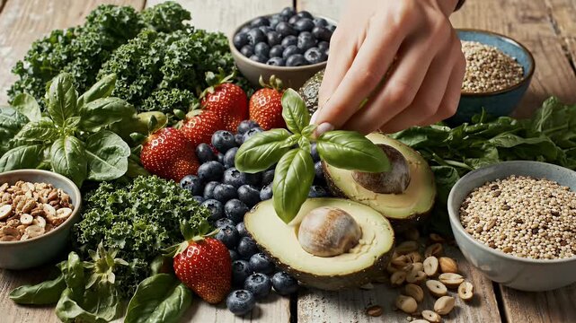 Fresh fruits vegetables nuts and seeds composition overhead view