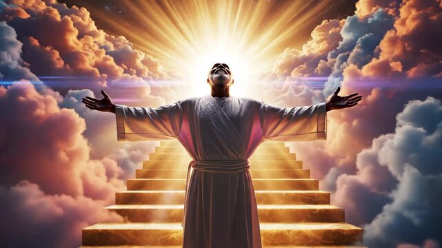 Person in white robe with outstretched arms standing on golden stairs leading to bright light in sky with colorful clouds