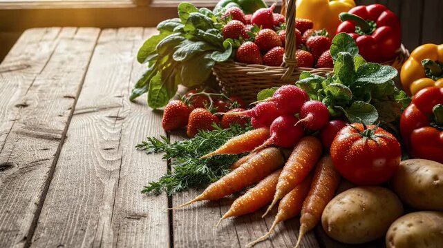 Fresh vegetables assortment on a rustic wooden tabletop