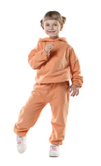 Fashion. Cute little girl in stylish outfit on white background