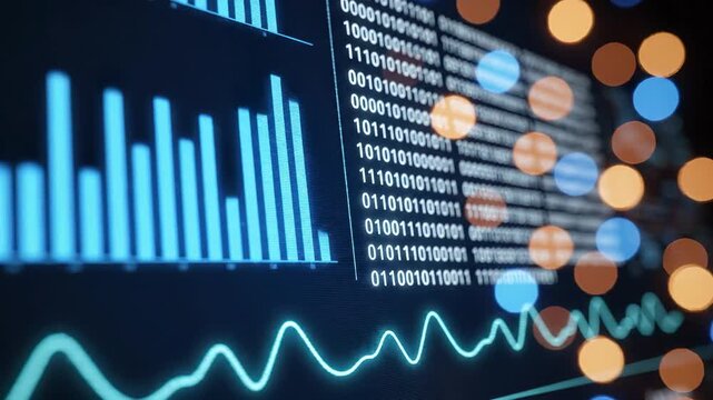 Modern data display showing blue bar graphs, statistical analysis, and scrolling binary code with bokeh lights
