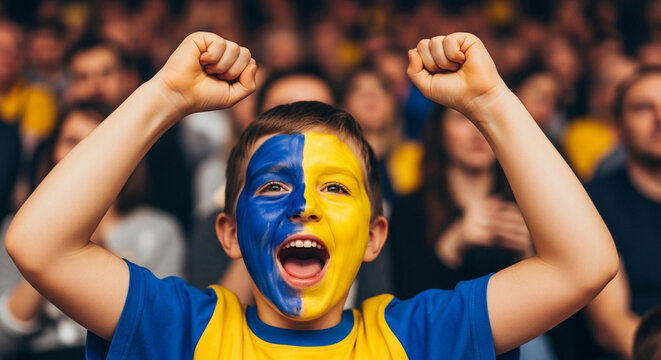 Young boy fan with face painted in blue and yellow cheering at a stadium