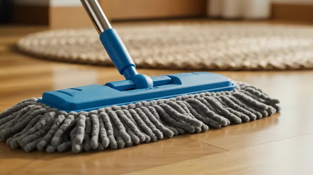 Blue mop head resting on a shiny light wooden floor next to a natural fiber rug