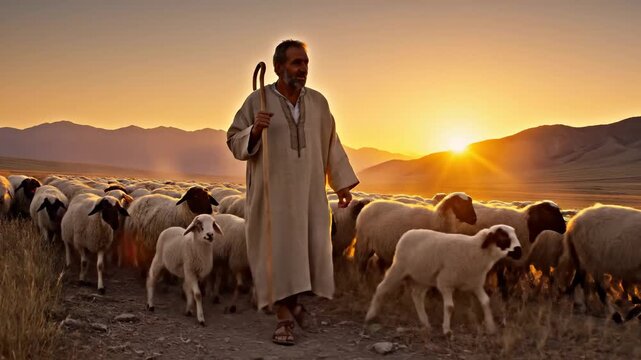 Arab shepherd walks with his flock of sheep along a dry path at sunset in a vast mountainous landscape