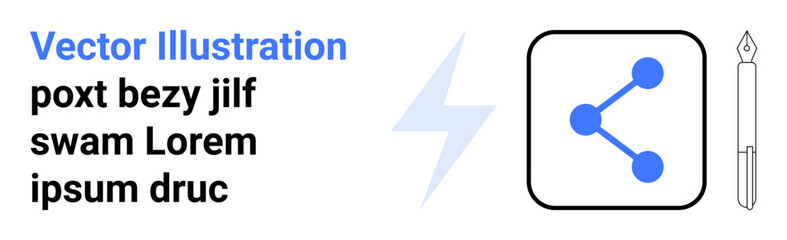 Social media, digital connectivity, graphic design, content sharing, technology, creative tools. Blue share icon, lightning bolt and pen symbols. Social media and digital connectivity concept