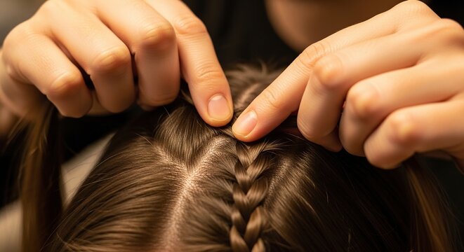 Close-up of hands braiding a young girl's hair, focusing on the intricate detail of creating a French braid