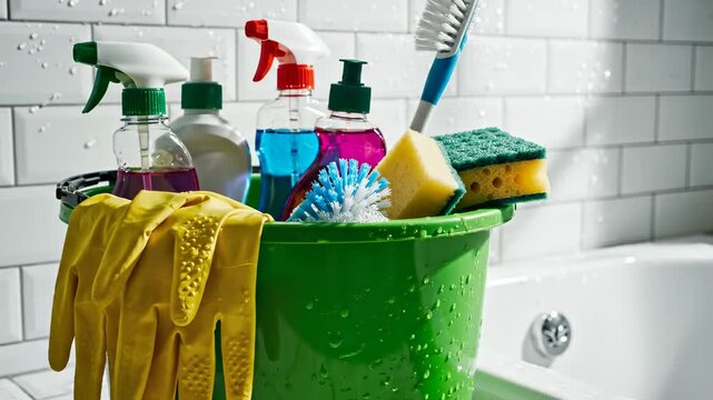 Green bucket filled with various colorful cleaning supplies including yellow rubber gloves and sponges ready for bathroom tidying