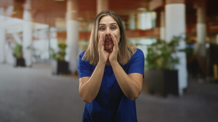 Fototapeta premium Woman cupping hands at mouth calling across a busy airport terminal near planters and white columns; urgent announcement.
