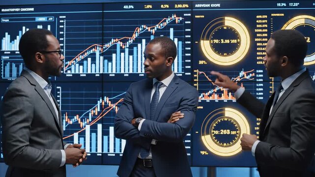Three Black businessmen discussing financial data on large interactive screen in modern office