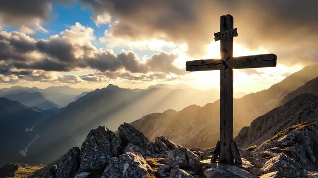 Old wooden cross on rocky mountain peak at golden hour sunset with sun rays through clouds