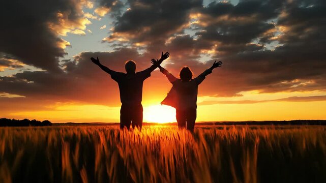 Two silhouettes of people standing with arms raised in a golden wheat field at a vibrant sunset