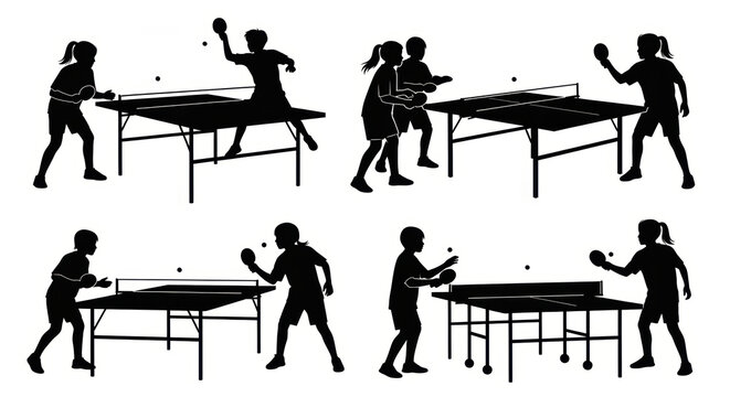 Table Tennis Silhouette: Diverse Players in Action - Singles and Doubles