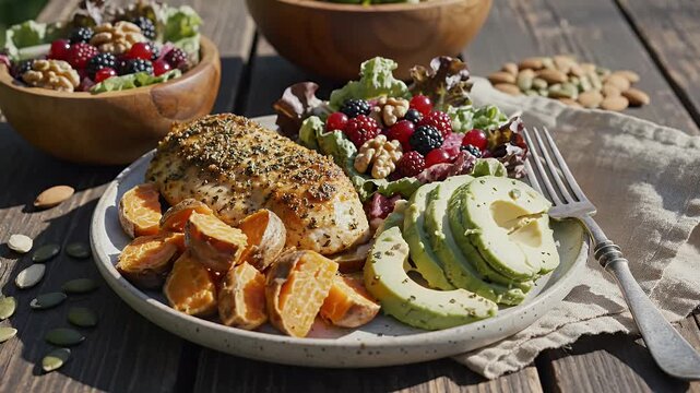Healthy meal composition with assorted ingredients on a wooden surface