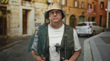 Man fisherman holding fishing rod and green landing net on narrow cobblestone street beside old buildings, wearing bucket hat and fishing vest  determination. © Krakenimages.com
