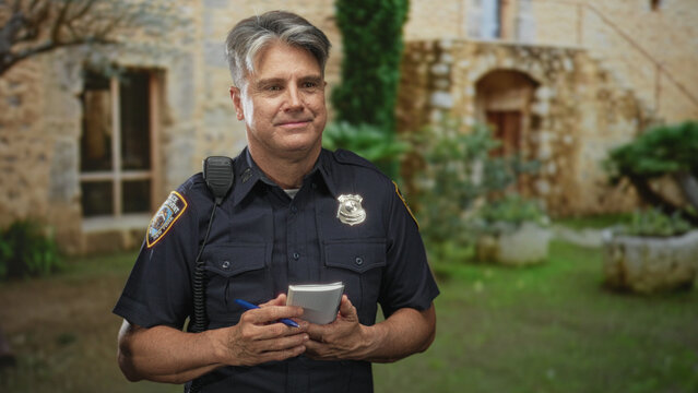 Man police officer writing in notepad with pen and radio, badge visible, standing in building courtyard; calm duty.