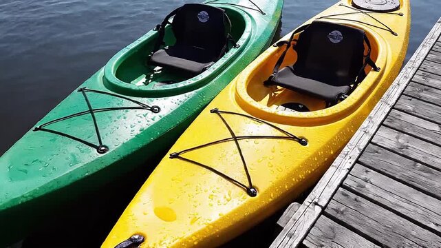 Multicolored rental kayaks gently rocking on the tranquil water surface, moored alongside a rustic wooden pier and ready for a summer adventure on the lake during a sunny day