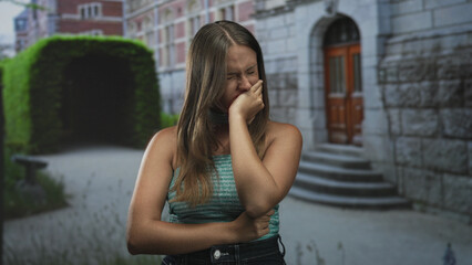 Obraz premium Woman touching hair with closed eyes in front of a stone building and steps, hand near face gesture; quiet contemplation.
