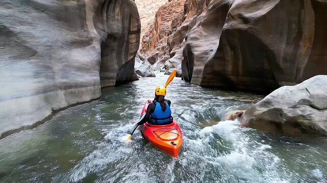 Adventurous woman paddling a red kayak on a fast flowing river through a stunning, narrow rock canyon, enjoying an extreme water sport and active lifestyle on a scenic vacation