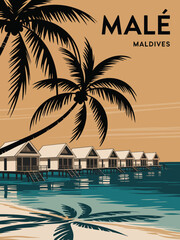 Fototapeta premium Malé Maldives poster, bold black headline typography on warm beige background with minimalist tropical island design