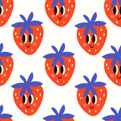 Fully editable seamless vector pattern with cute red strawberry characters in kawaii style. Perfect for textile design, fabric print, nursery decor, wrapping paper and kids products. © Kristina