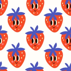 Fully editable seamless vector pattern with cute red strawberry characters in kawaii style. Perfect for textile design, fabric print, nursery decor, wrapping paper and kids products. © Kristina