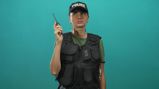 Woman police officer holds walkie talkie in right hand, wearing tactical vest and cap with police, pouting and shrugging in studio; frustration.