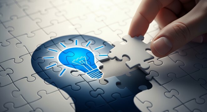 A hand places the final puzzle piece into a jigsaw puzzle with a lightbulb shape