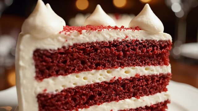 Slice of layered cake on plate with red and white frosting details