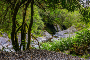 Fototapeta premium Scenic landscape of the Cascade of Grand Galet in Langevin valley, La Reunion island, France 