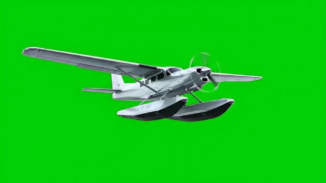 Detailed White Single Engine Propeller Seaplane Flying on Green Screen Isolated for Chroma Key Compositing