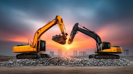 Two yellow and black construction machines are in front of a sunset. The scene is peaceful and serene, with the sun setting in the background